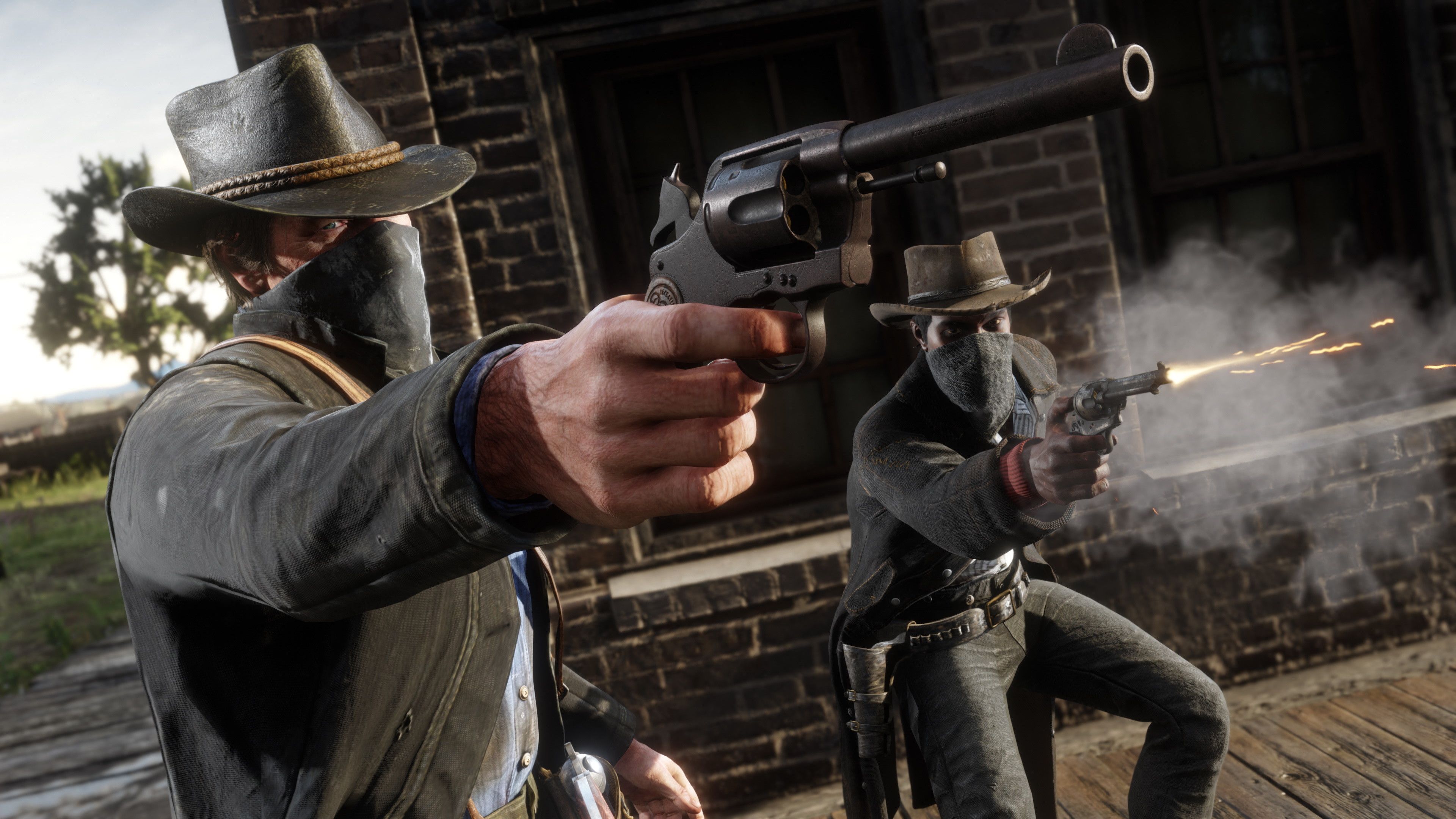 Arthur Morgan masked and shooting in Red Dead Redemption 2.