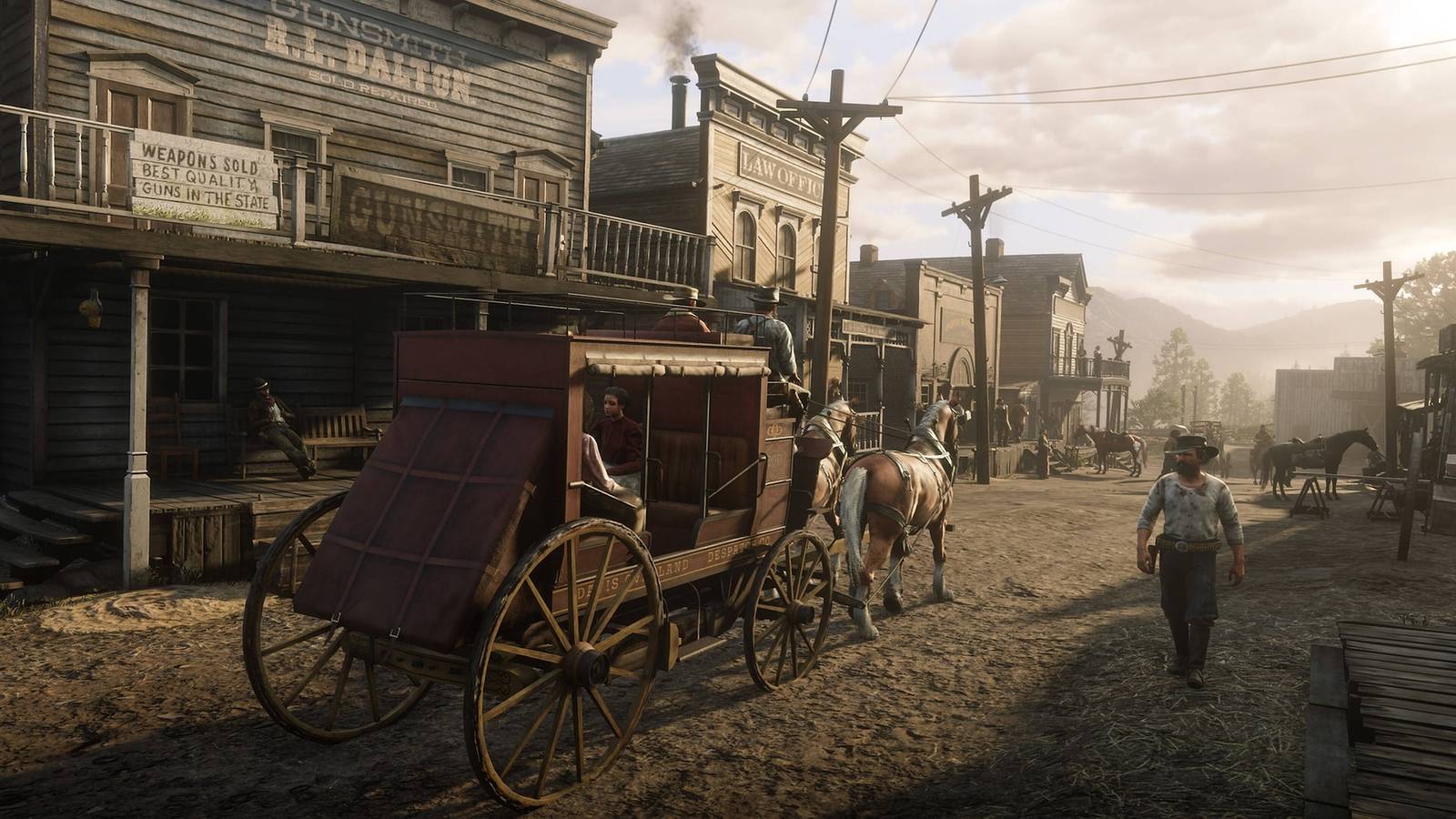 A horse-drawn carriage in Red Dead Redemption 2.