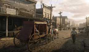 A horse-drawn carriage in Red Dead Redemption 2.