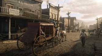 A horse-drawn carriage in Red Dead Redemption 2.