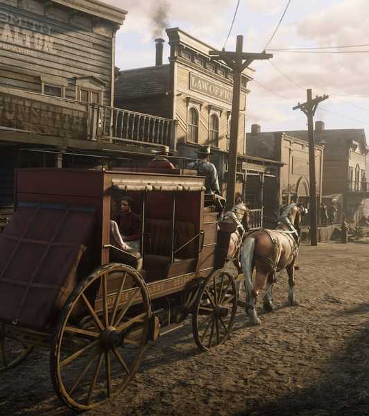 A horse-drawn carriage in Red Dead Redemption 2.