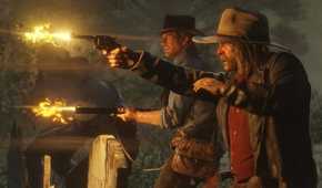 Arthur Morgan and Micah Bell firing their weapons in Red Dead Redemption 2.