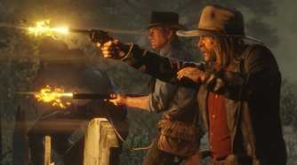 Arthur Morgan and Micah Bell firing their weapons in Red Dead Redemption 2.