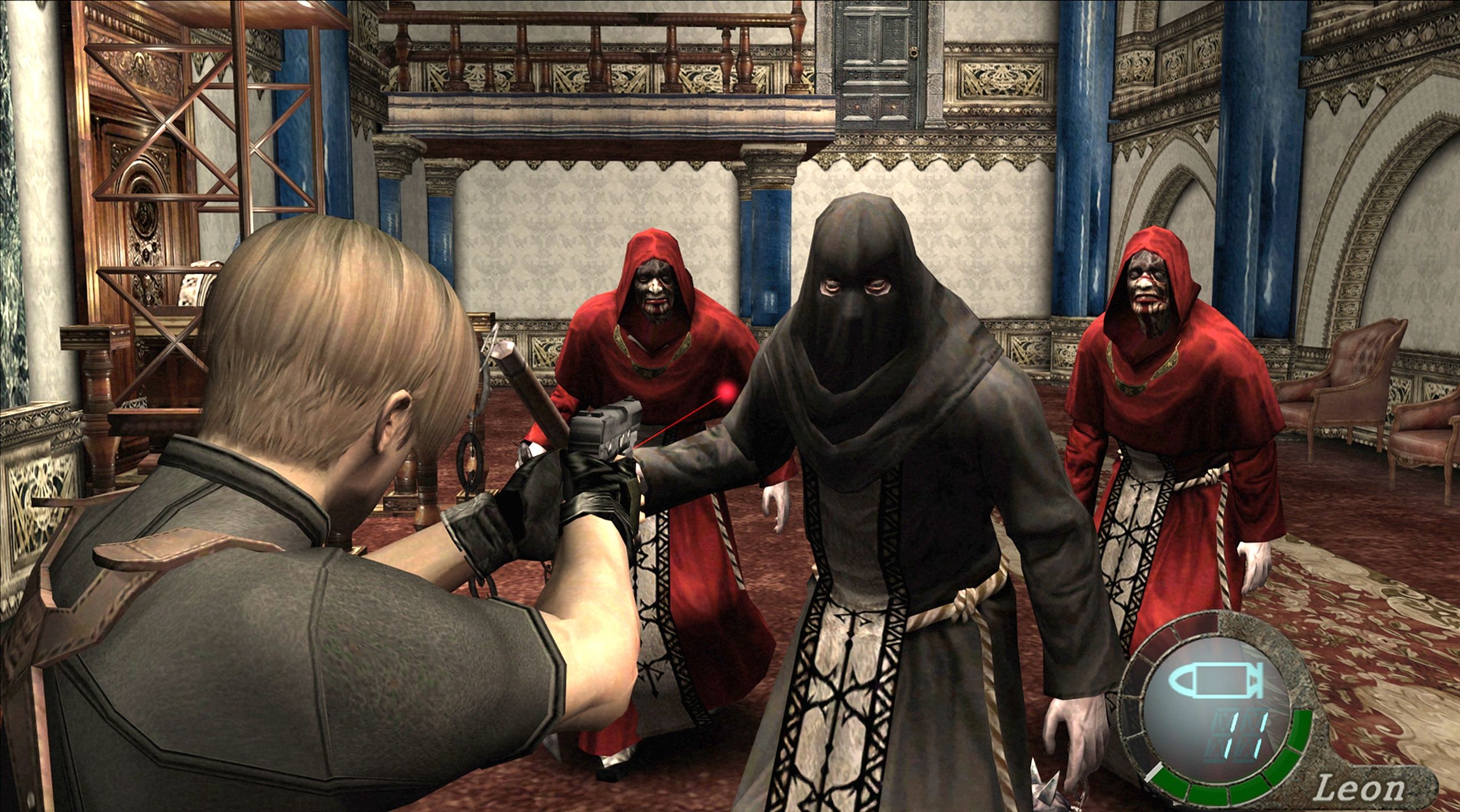 Leon aiming at cultists in Resident Evil 4 (2005).