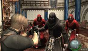 Leon aiming at cultists in Resident Evil 4 (2005).