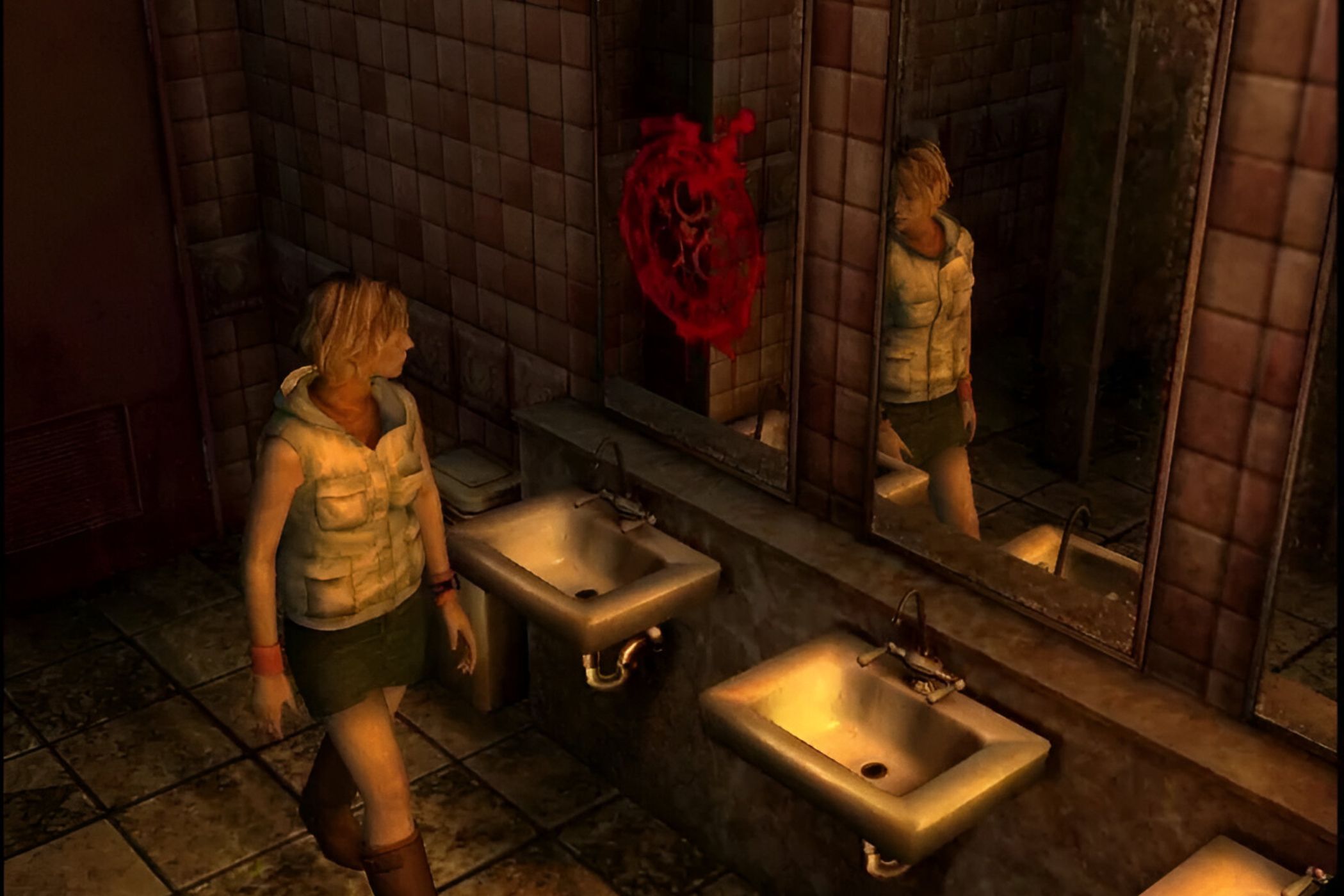 Heather Mason in a washroom in Silent Hill 3.