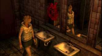 Heather Mason in a washroom in Silent Hill 3.