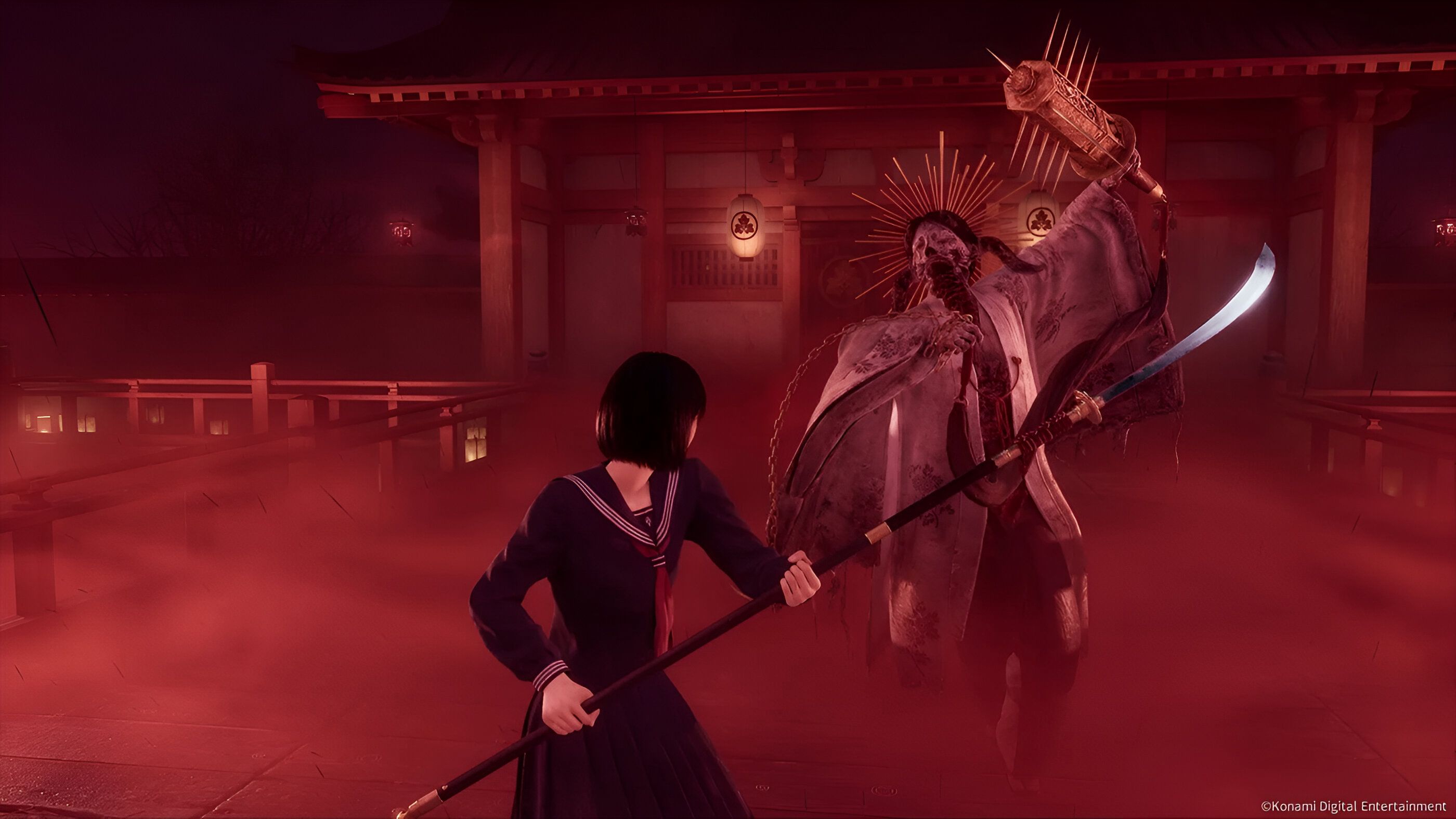 Shimizu fighting a monster surrounded by red mist in Silent Hill F.
