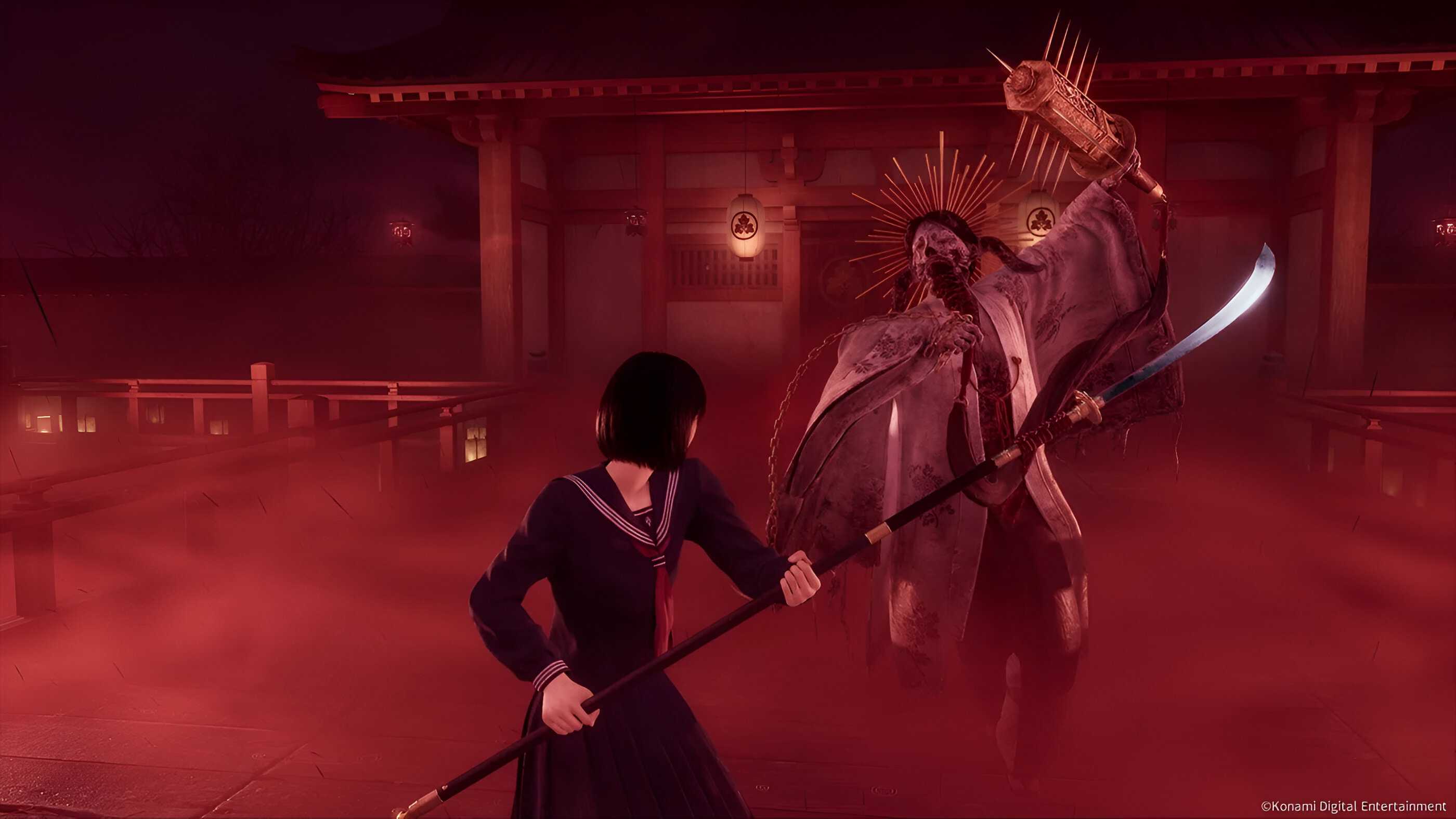 Shimizu fighting a monster surrounded by red mist in Silent Hill F.