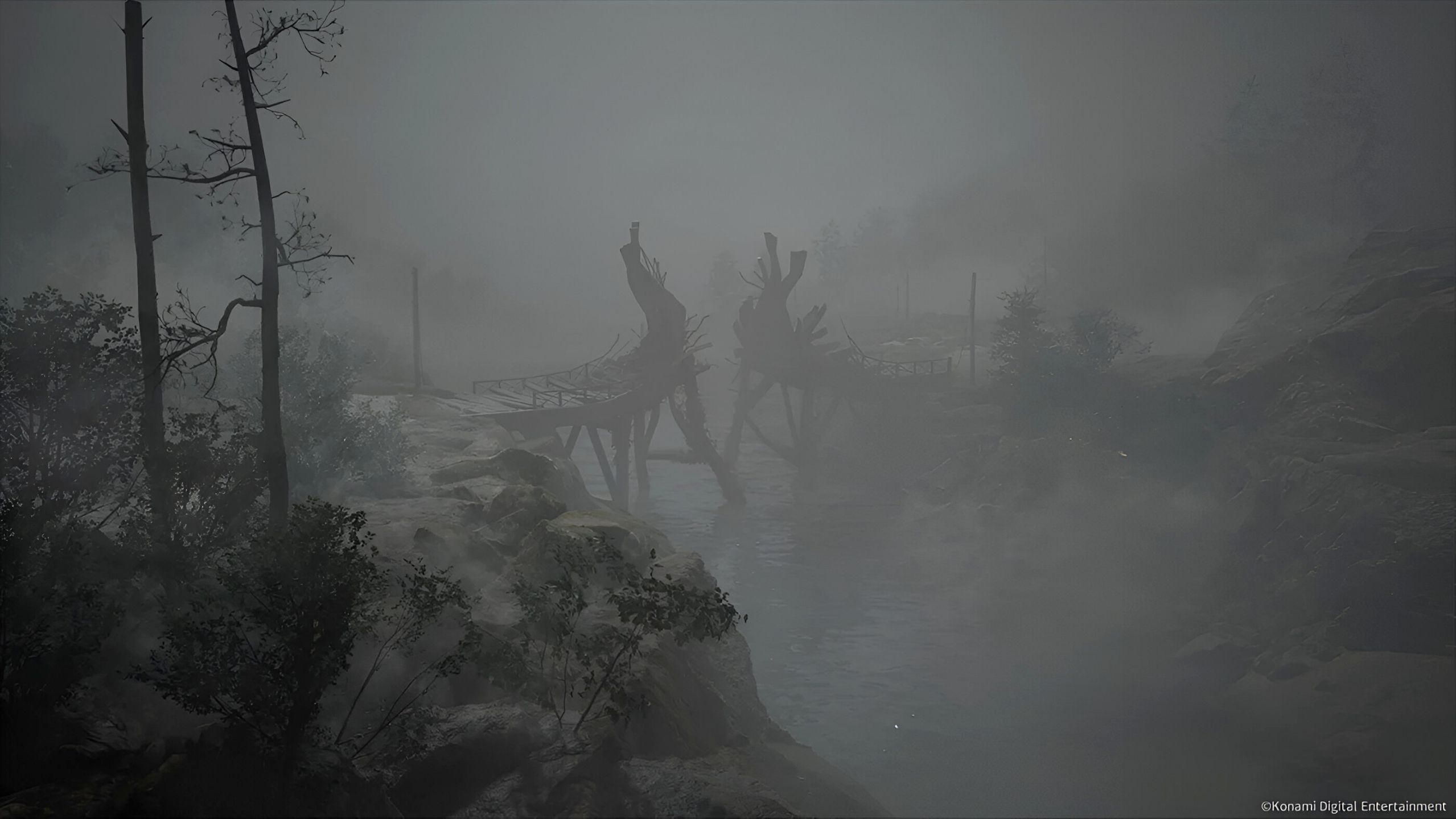 Fog around a broken bridge in Ebisugaoka in Silent Hill F.