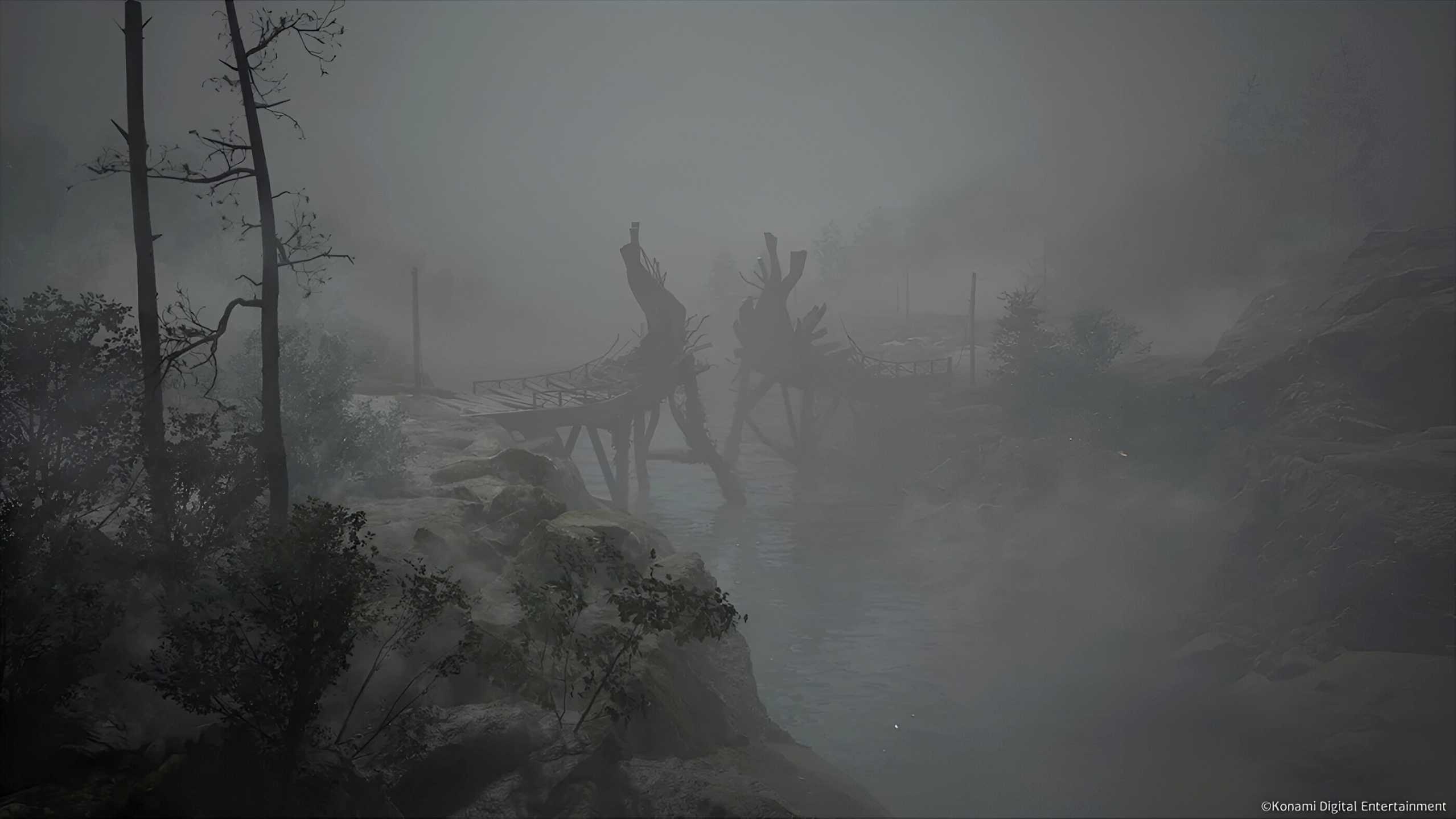Fog around a broken bridge in Ebisugaoka in Silent Hill F.