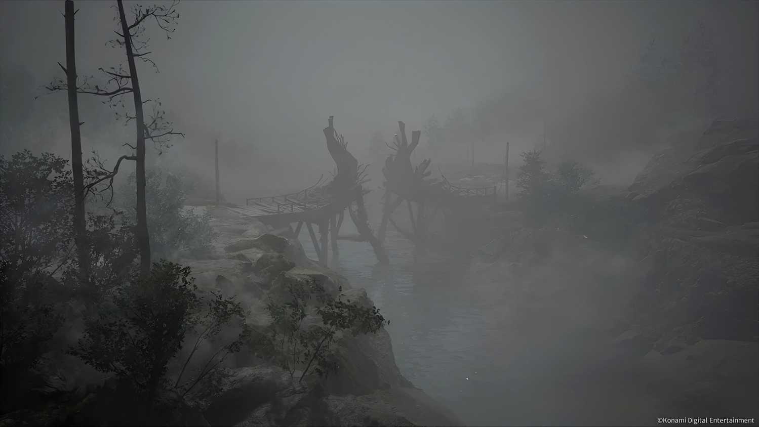 Fog around a broken bridge in Ebisugaoka in Silent Hill F.
