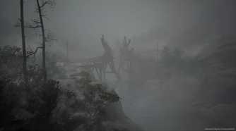 Fog around a broken bridge in Ebisugaoka in Silent Hill F.
