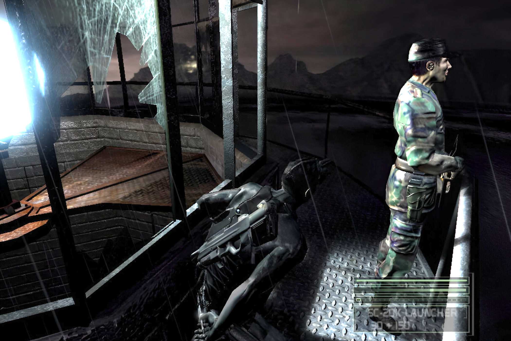 Sam Fisher sneaking up on a guard in Splinter Cell: Chaos Theory.