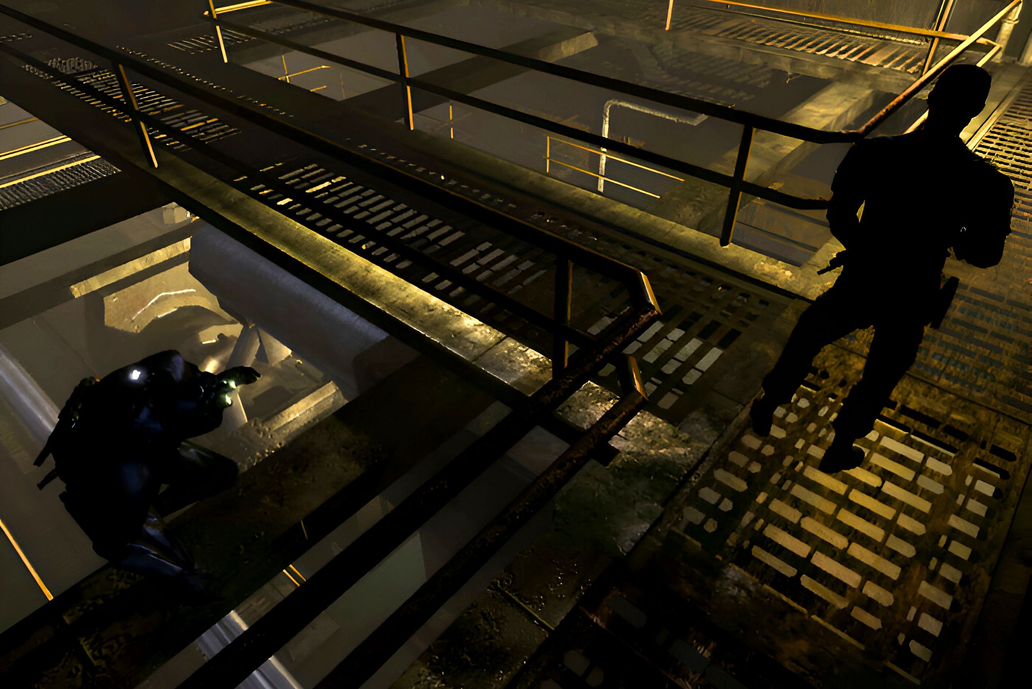 Sam Fisher sneaking up behind an enemy in Splinter Cell Chaos Theory.