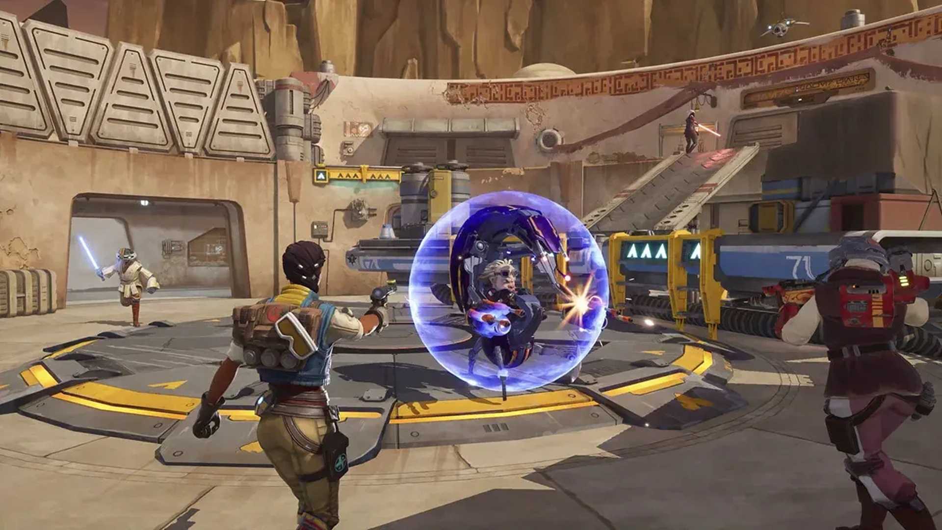 A screenshot of characters fighting in Star Wars: Hunters