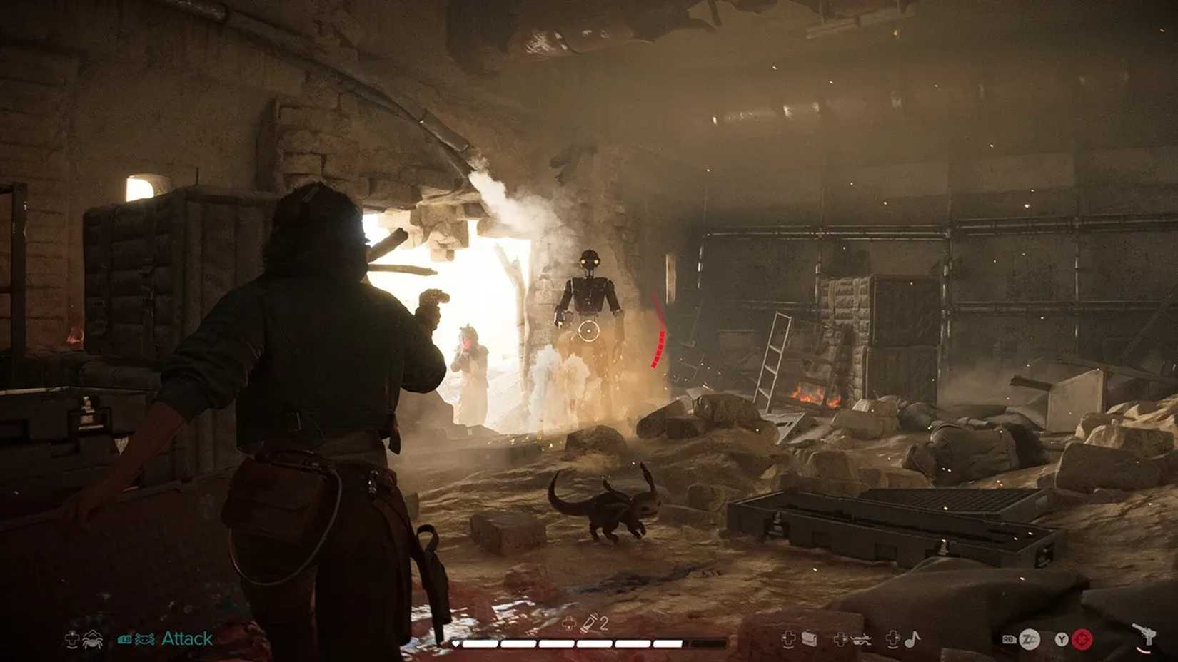 A screenshot of Kay Vess shooting at a droid in Star Wars Outlaws
