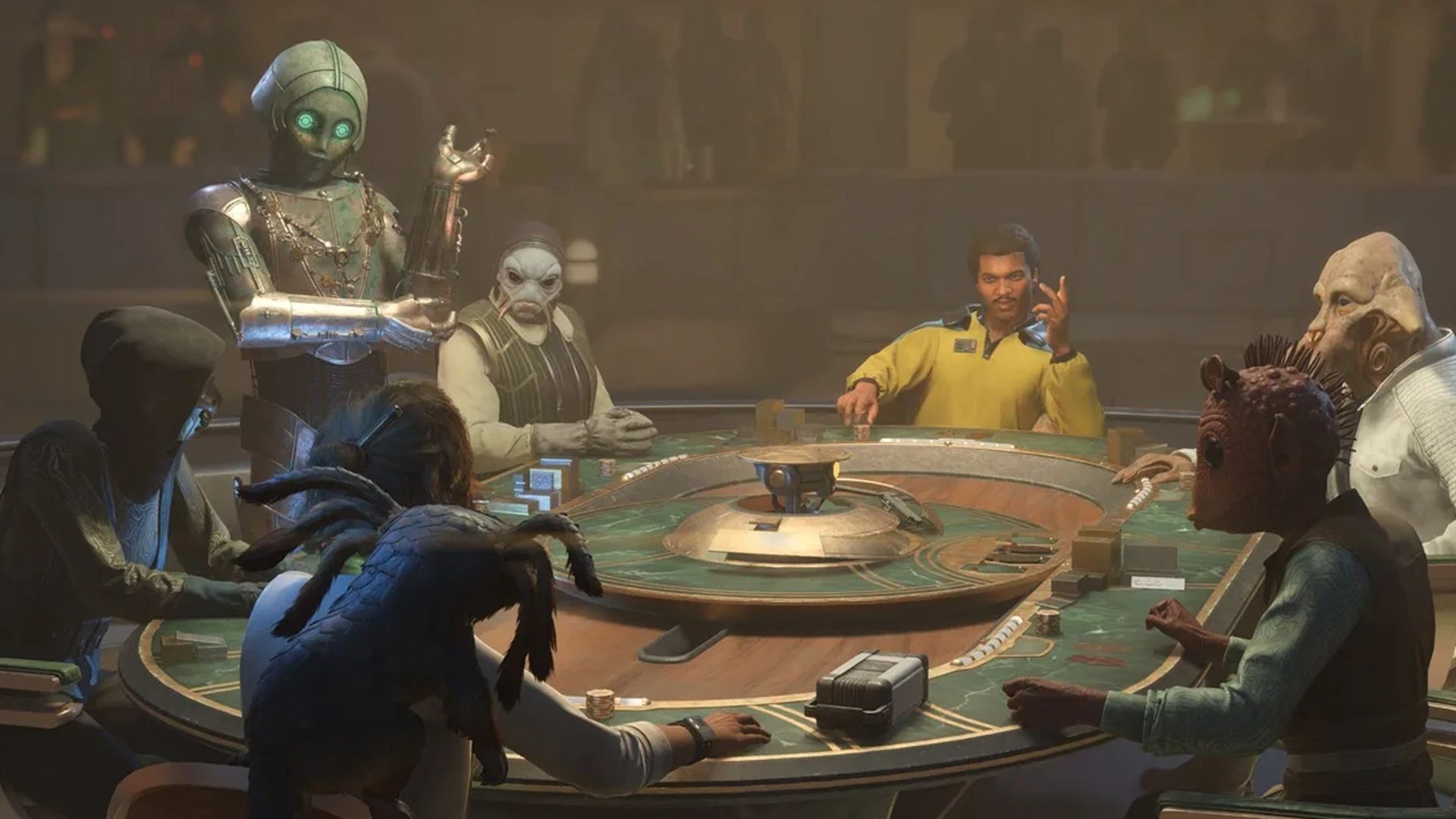 A screenshot of Kay Vess at a Sabacc table with various characters in Star Wars Outlaws