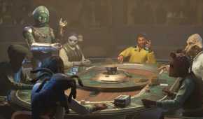 A screenshot of Kay Vess at a Sabacc table with various characters in Star Wars Outlaws