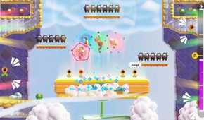 A screenshot of Mario, Luigi, Yoshi, and Toad jumping together in Super Mario Bros. Wonder