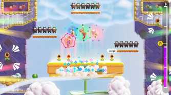 A screenshot of Mario, Luigi, Yoshi, and Toad jumping together in Super Mario Bros. Wonder
