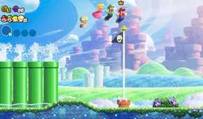 A screenshot of Mario and friends jumping towards the flag poll in Super Mario Bros. Wonder