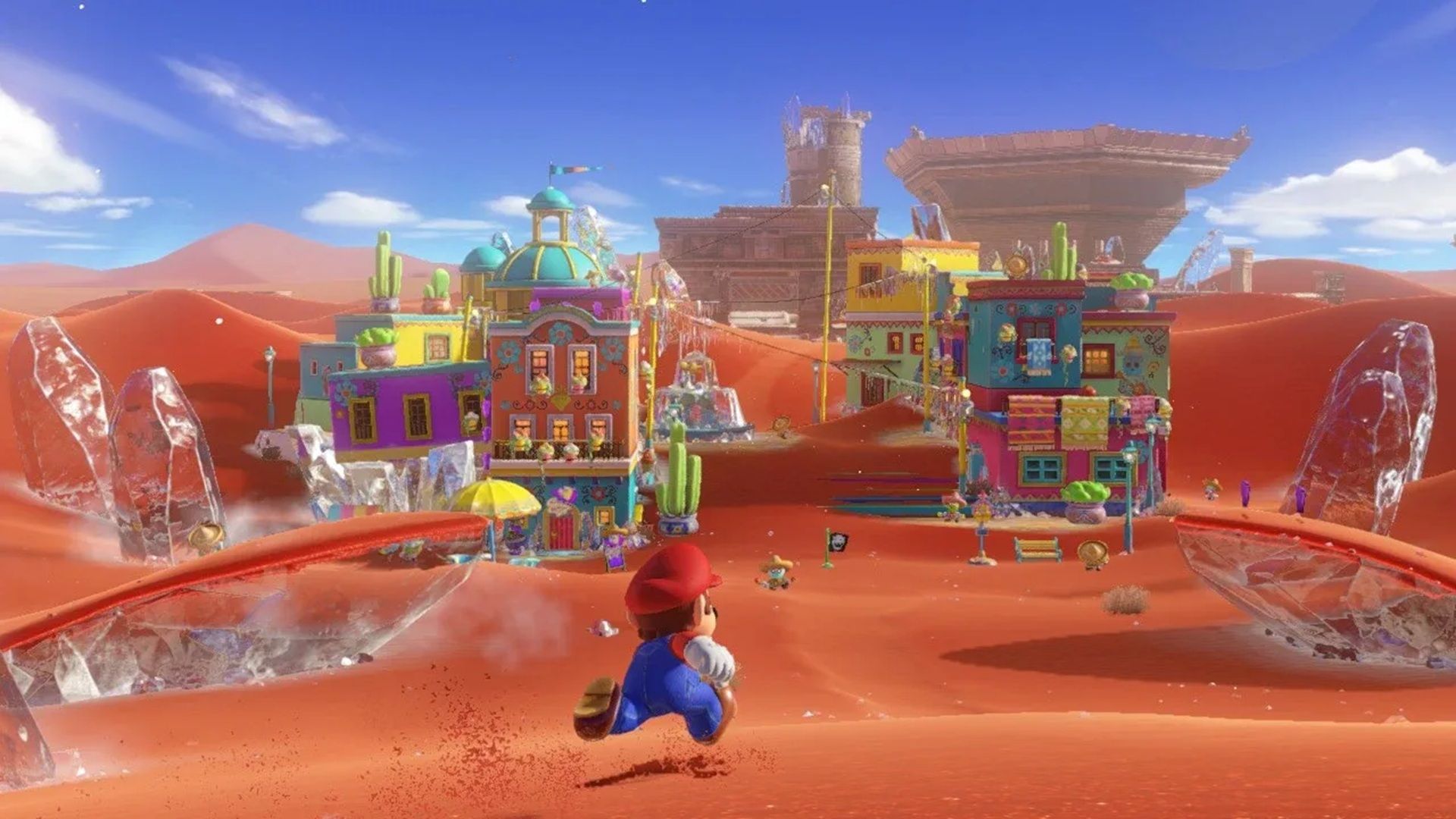 A screenshot of Mario running through an area in Super Mario Odyssey