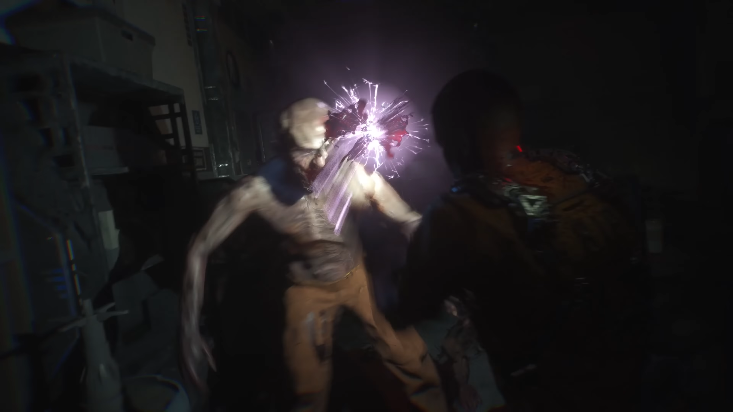 Jacob attacking an alien with an electric baton in The Callisto Protocol.