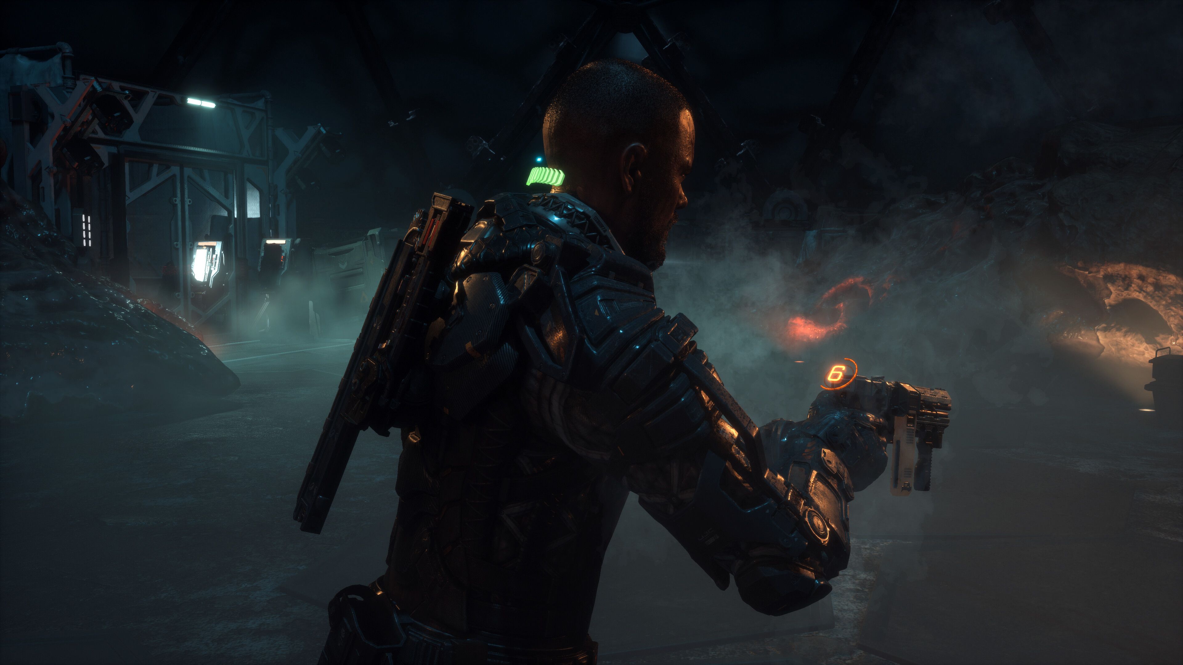 Jacob Lee with a pistol in The Callisto Protocol.
