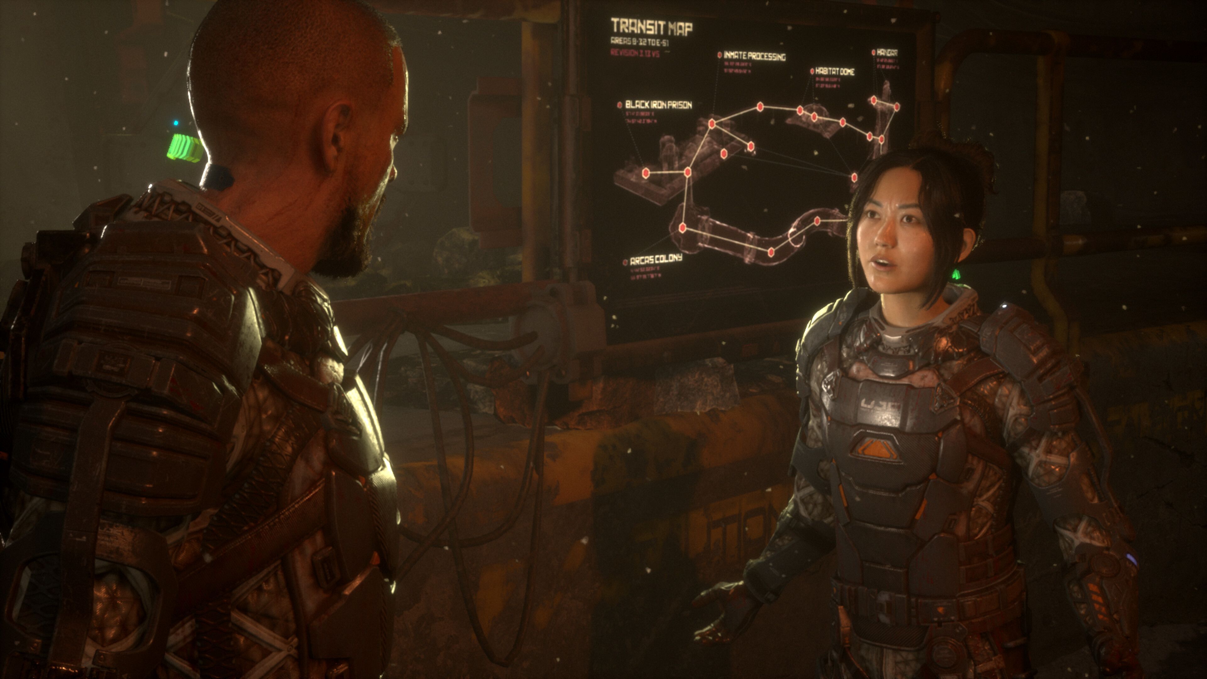 Dani Nakamura and Jacob Lee talking in The Callisto Protocol.