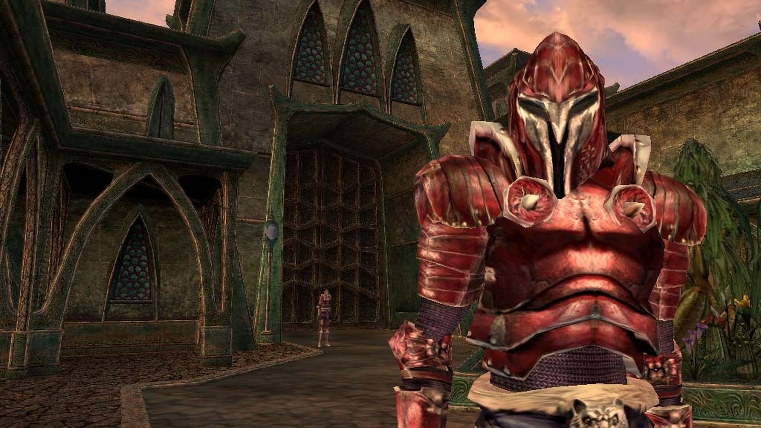 A knight clad in red armor in The Elder Scrolls III: Morrowind.