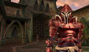 A knight clad in red armor in The Elder Scrolls III: Morrowind.