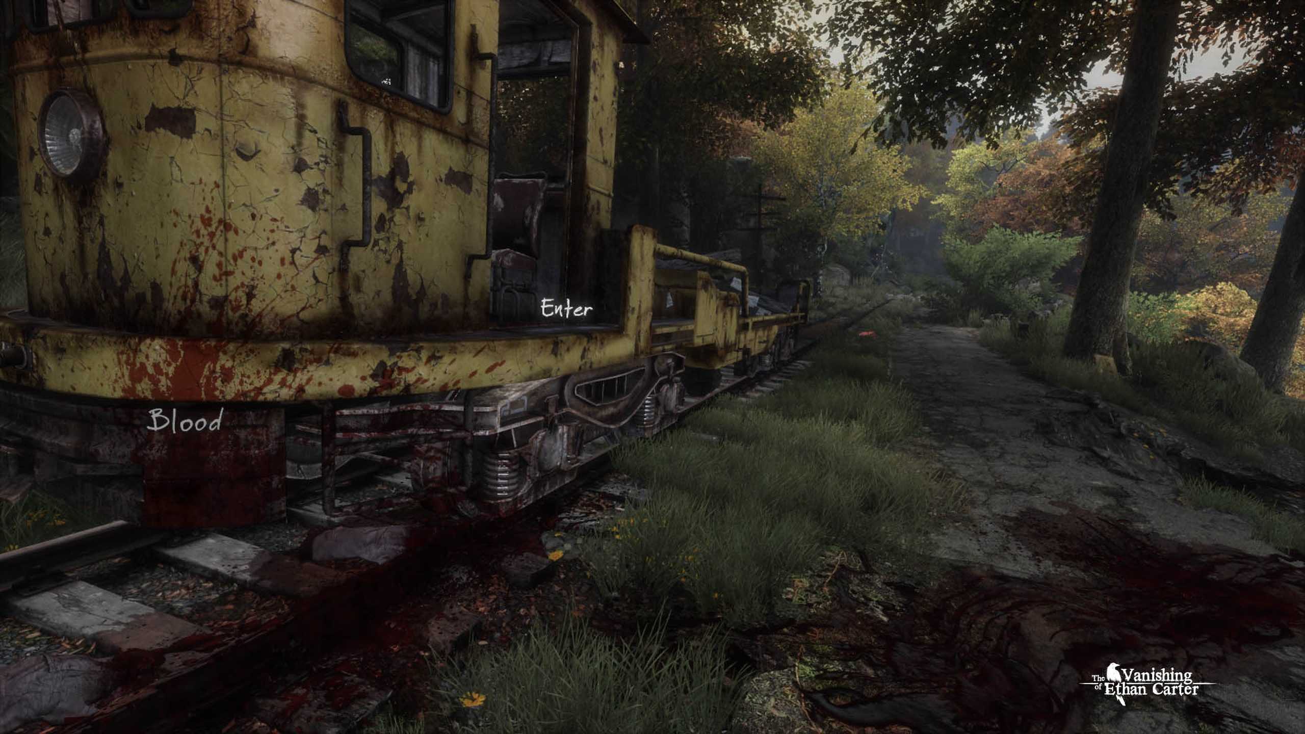 A bloodied train car in The Vanishing of Ethan Carter.