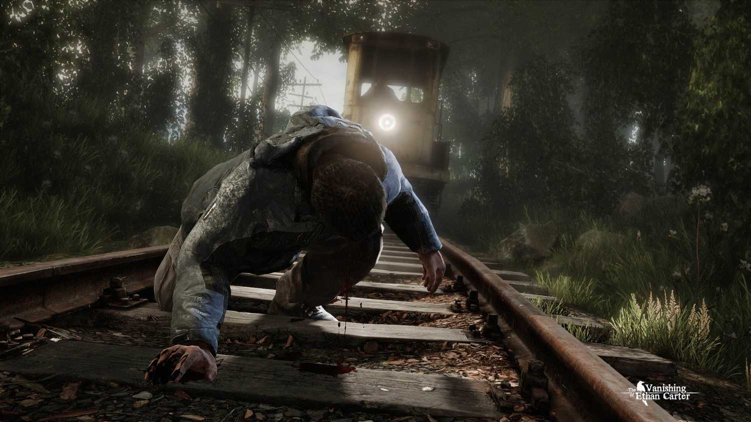 A man bleeding on train tracks in The Vanishing of Ethan Carter.