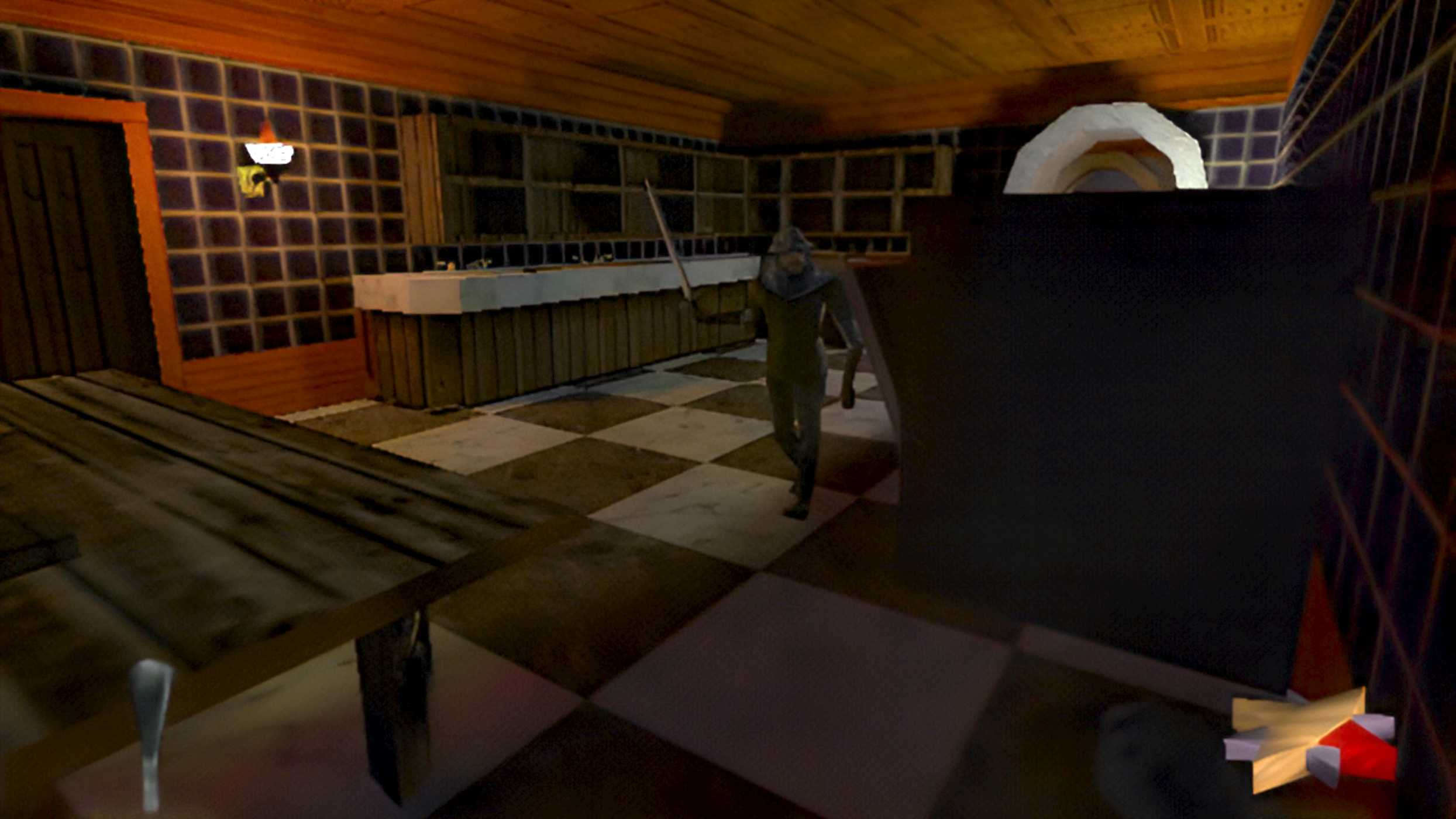 A guard looking for a hidden Garrett in Thief II: The Metal Age.