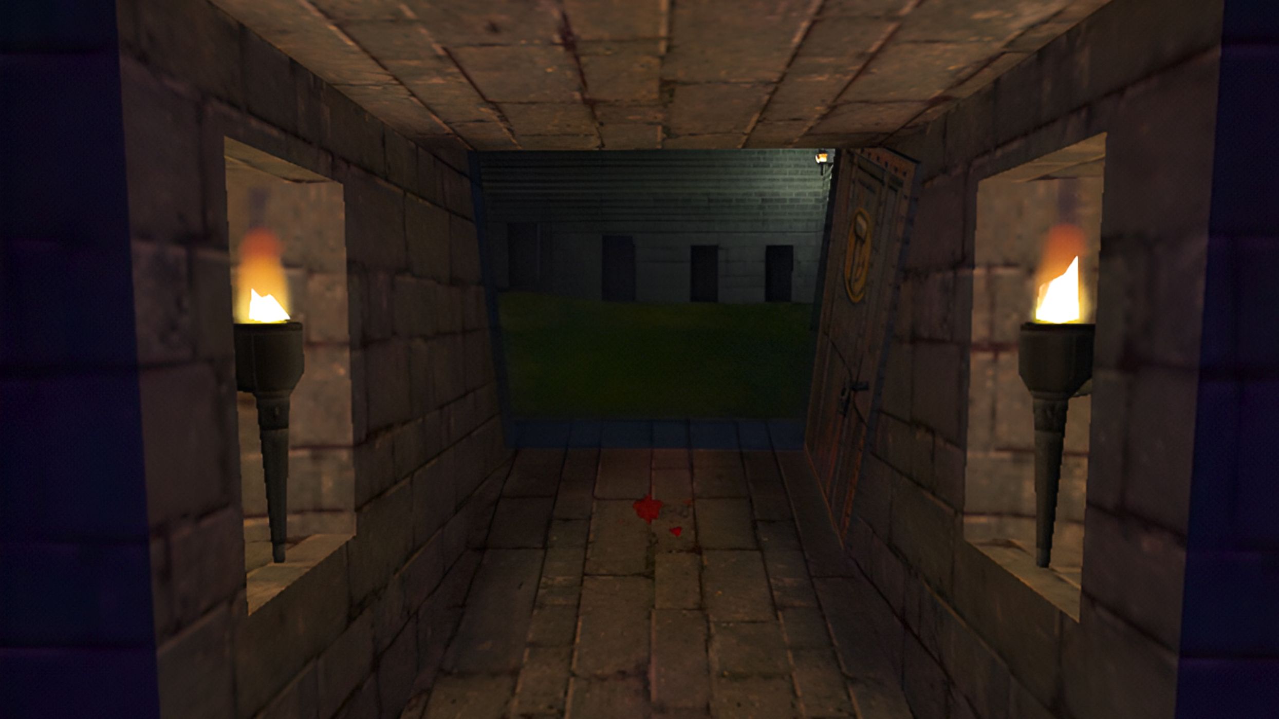 A stone-paved corridort with torches on either side in Thief II: The Metal Age.
