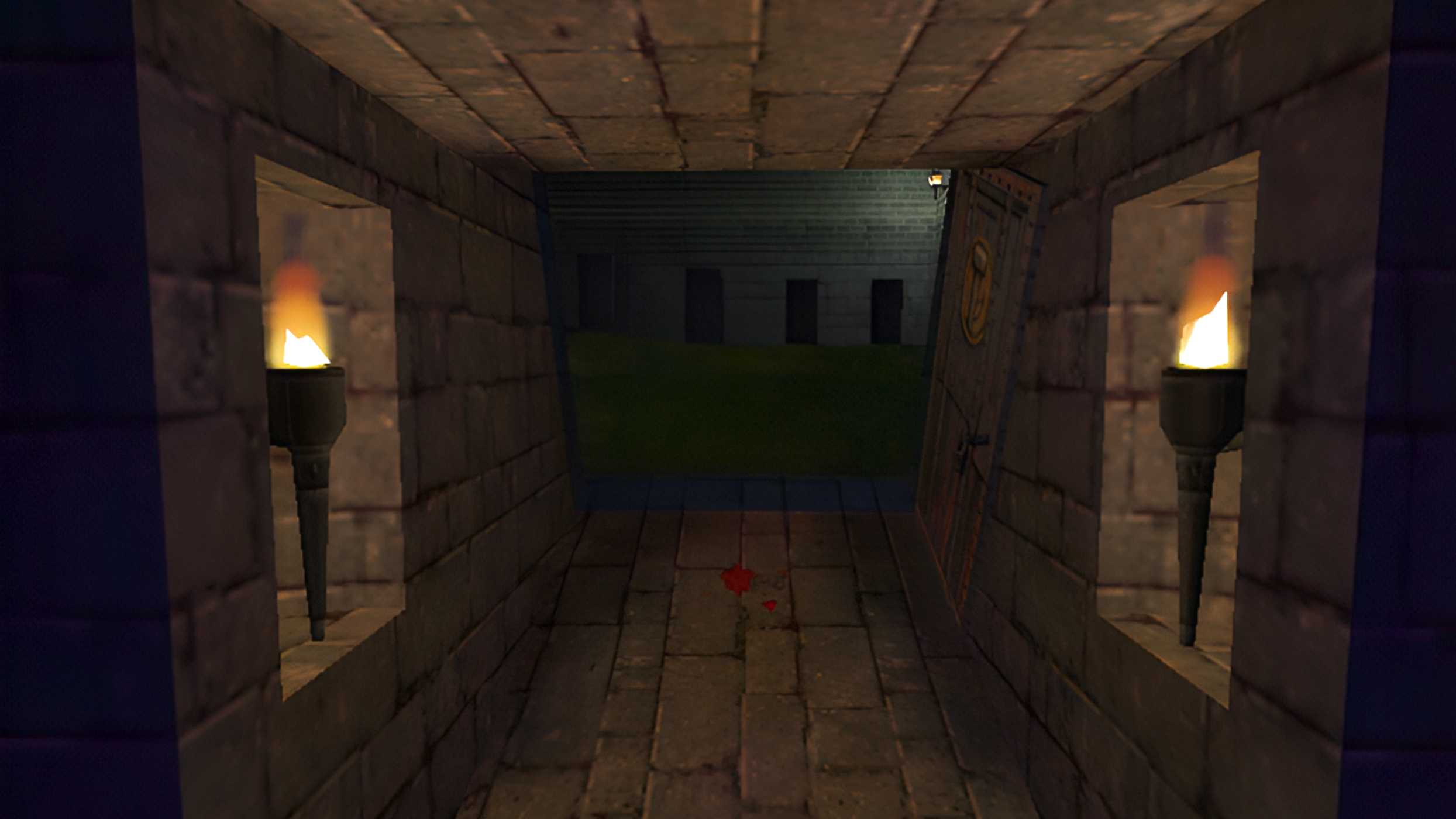 A stone-paved corridort with torches on either side in Thief II: The Metal Age.