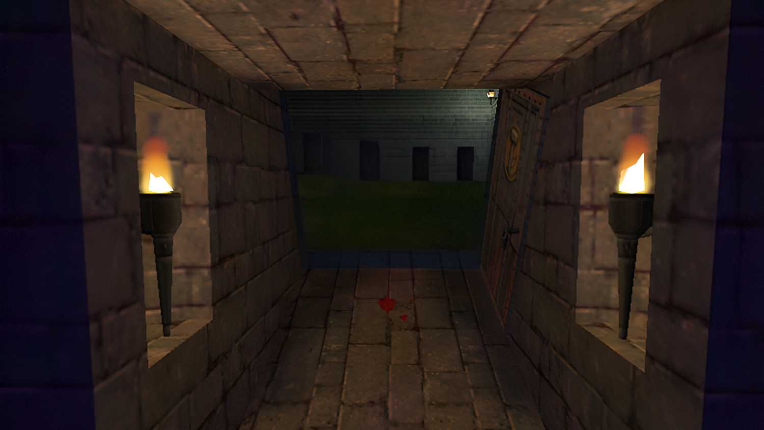 A stone-paved corridort with torches on either side in Thief II: The Metal Age.