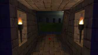 A stone-paved corridort with torches on either side in Thief II: The Metal Age.