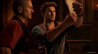 Victor Sullivan and Nathan Drake looking at a map in Uncharted 4.