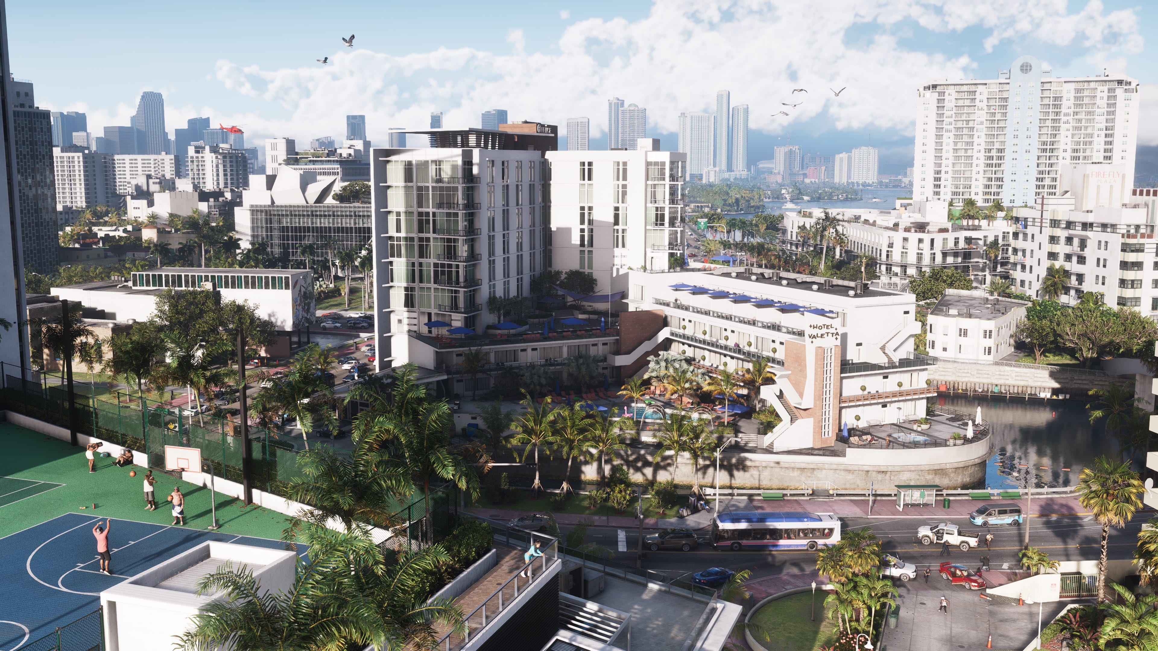 An aerial shot of Vice City during daytime in GTA VI.