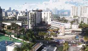 An aerial shot of Vice City during daytime in GTA VI.