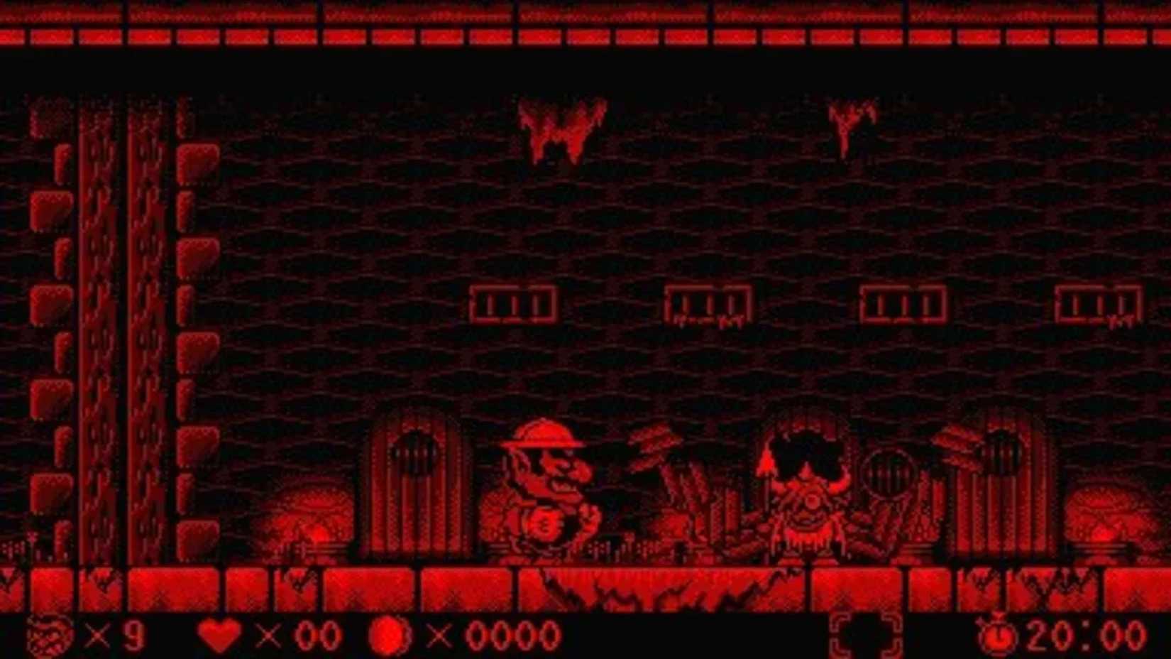 A screenshot of Wario traversing a stage in Virtual Boy Wario Land