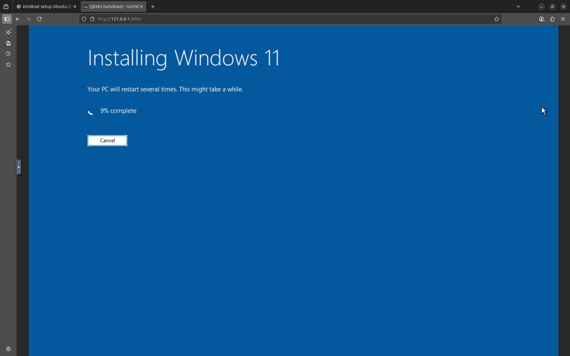Windows 11 being installed WinBoat QEMU