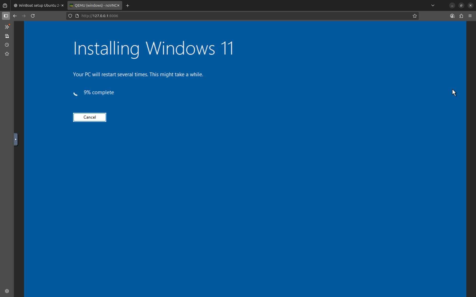 Windows 11 being installed WinBoat QEMU