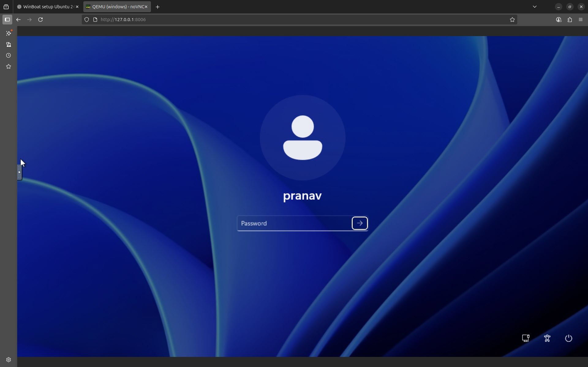 Windows 11 login WinBoat web QEMU