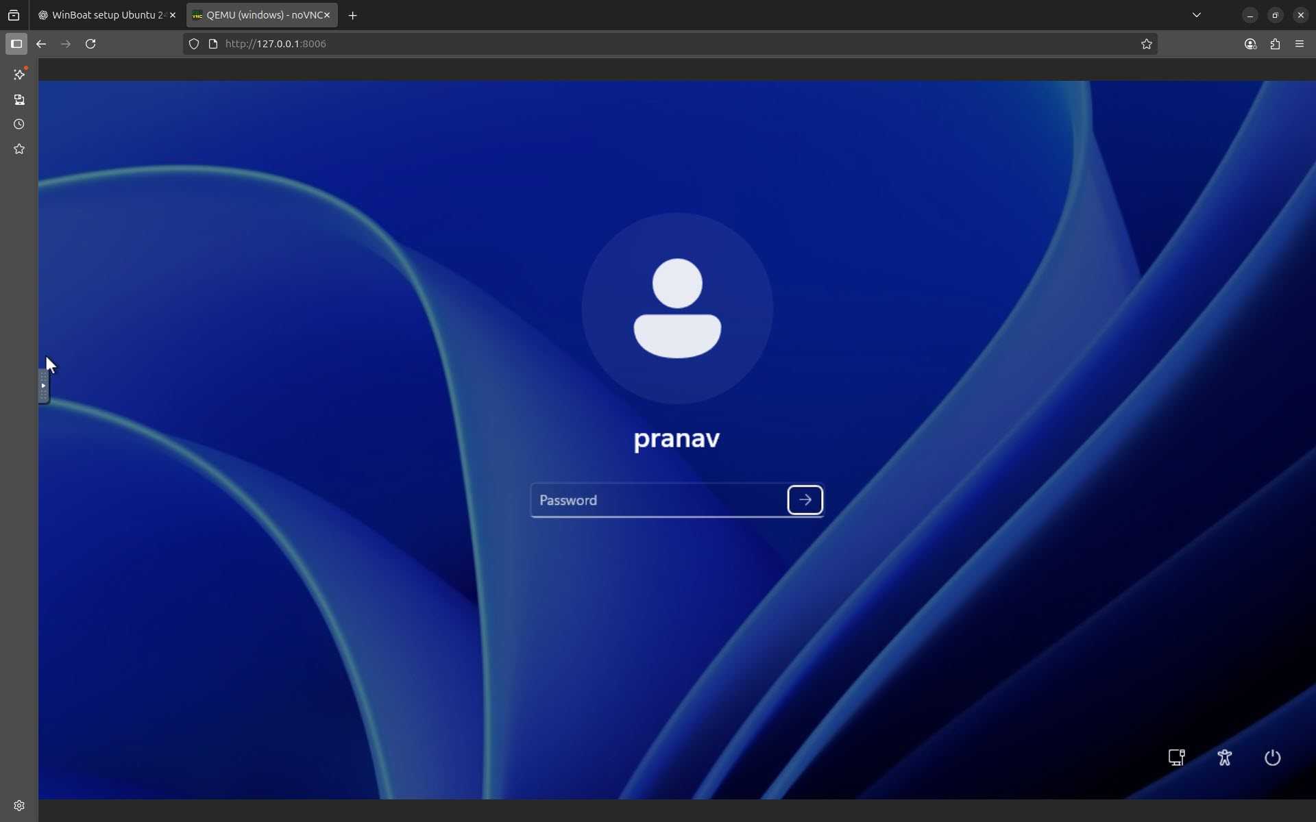 Windows 11 login WinBoat web QEMU
