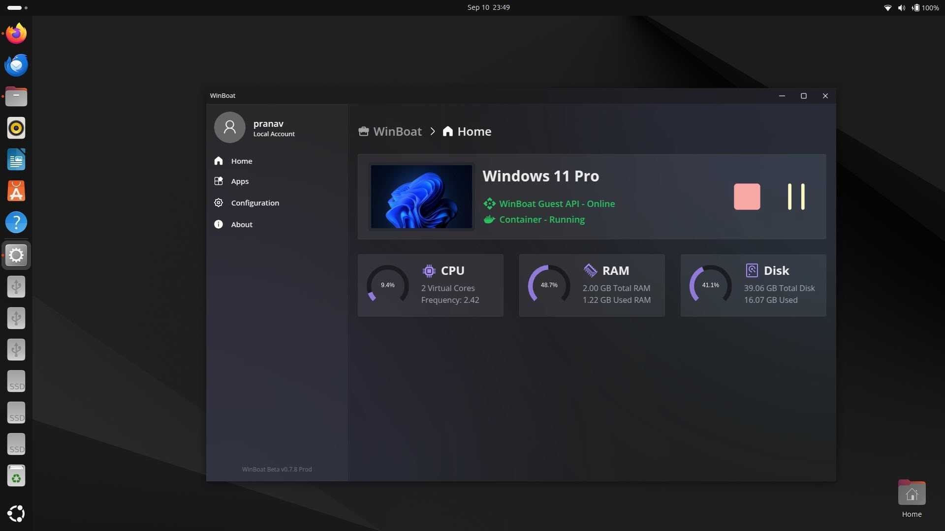 Windows 11 Pro container on WinBoat