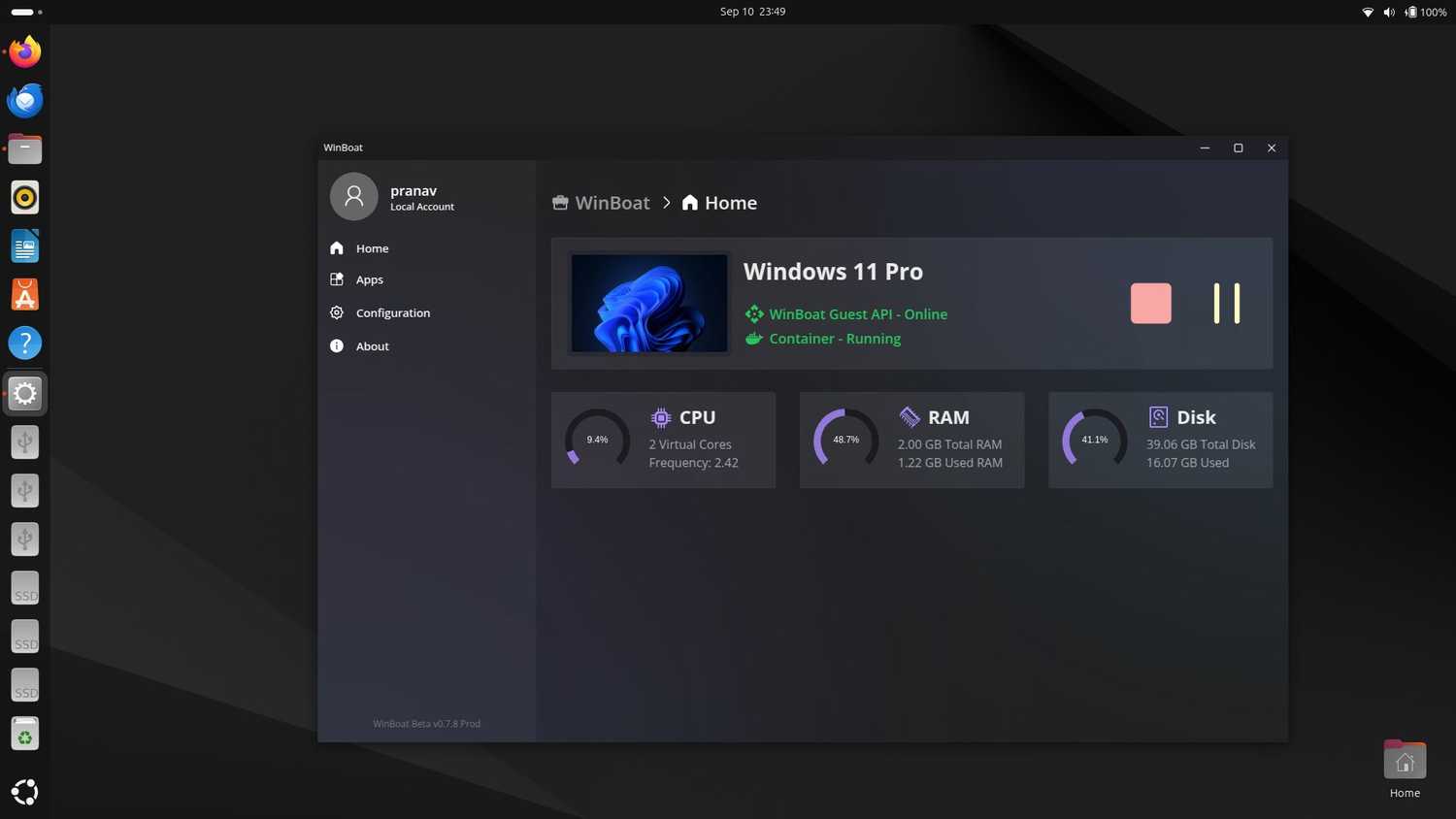 Windows 11 Pro container on WinBoat