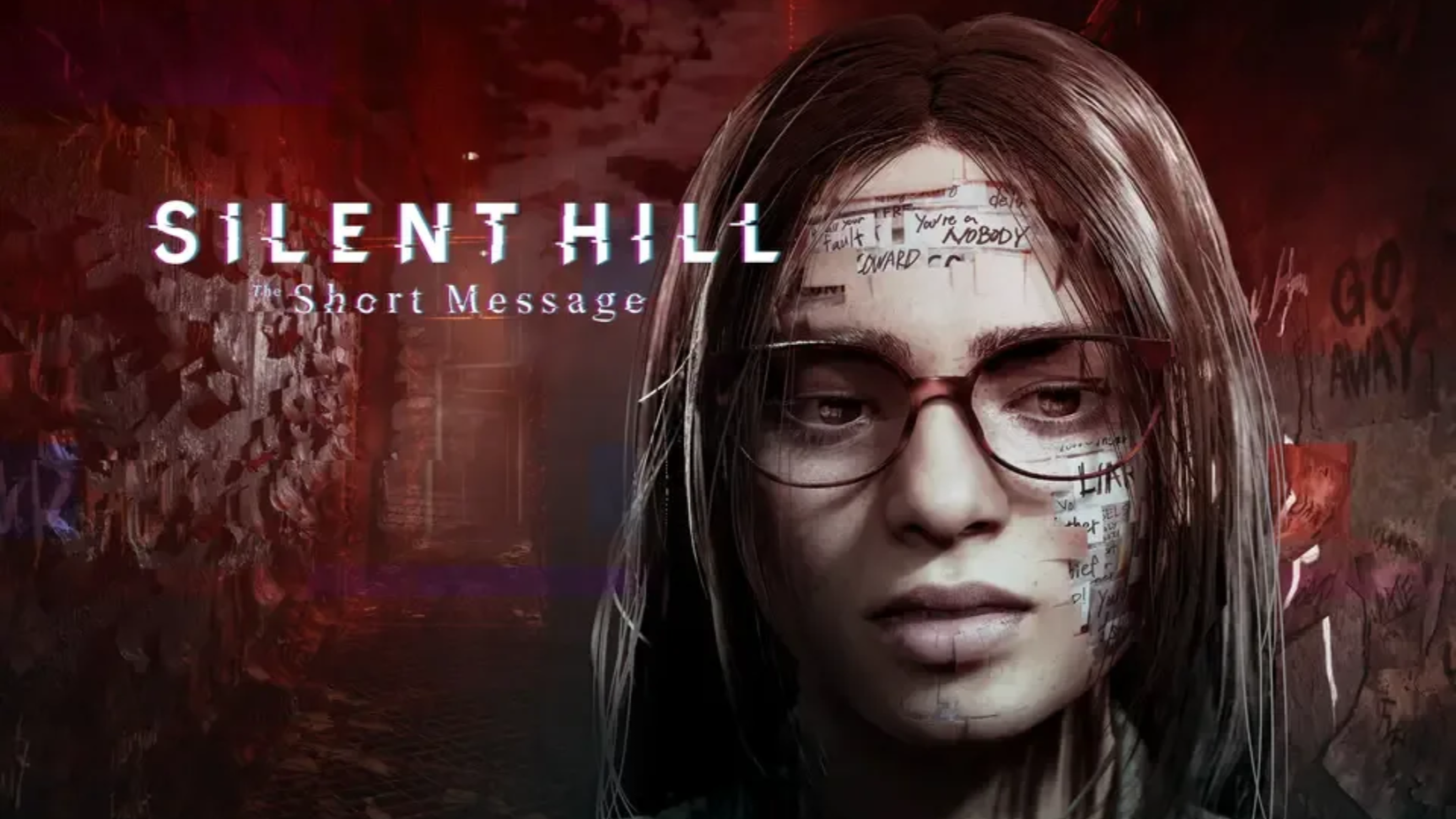 A woman with writing on her face and the Silent Hill: The Short Message log to the left